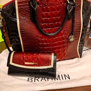 Brahmin Red and Black Croc-Embossed Leather Tote with Matching Wallet